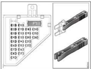 Technical diagram showing labeled components and two views of a mechanical component with pin numbers and connectors.