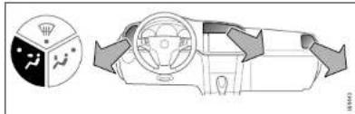 Diagram showing car safety icons and directional arrows indicating vehicle safety or inspection process