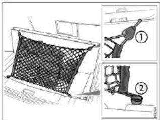 Technical diagram showing a mesh net installation with labeled parts ① and ②, likely illustrating vehicle safety or mechanical assembly.