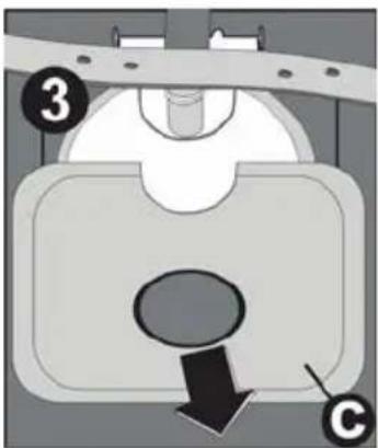 Diagram of a mechanical component with labeled parts and directional arrow, showing part 3 and part C.