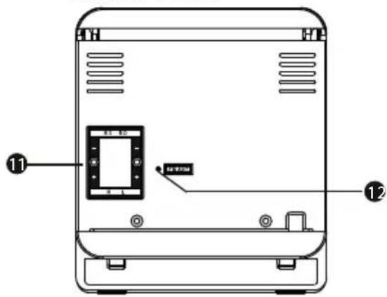 Technical diagram of a device rear panel with labeled components and control buttons