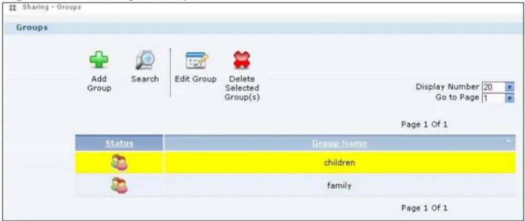 Sharing - Groups Groups Add Group Search Edit Group Delete Selected Group(s) Display Number 20 Go to Page 1 Page 1 Of 1 Status Group Name children family Page 1 Of 1
