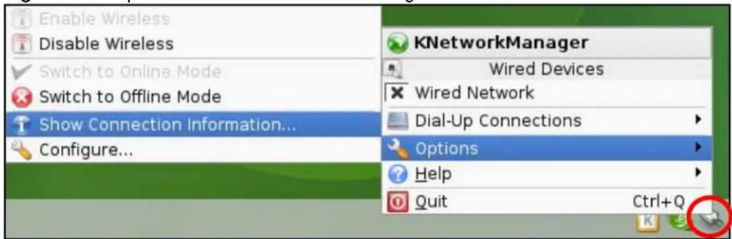 Enable Wireless Disable Wireless Switch to Online Mode Switch to Offline Mode Show Connection Information... Configure... KNetworkManager Wired Devices Wired Network Dial-Up Connections Options Help Quit Ctrl+Q