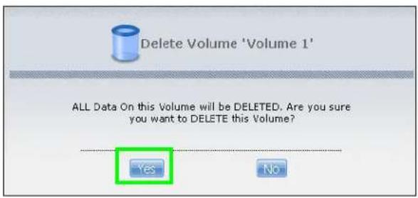 Delete Volume 'Volume 1' ALL Data On this Volume will be DELETED. Are you sure you want to DELETE this Volume? Yes No