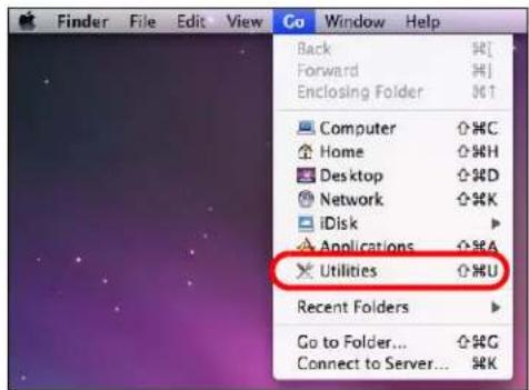 Finder File Edit View Go Window Help Back ⌘[ Forward ⌘] Enclosing Folder ⌘↑ Computer ⌘C Home ⌘H Desktop ⌘D Network ⌘K iDisk Applications ⌘A Utilities ⌘U Recent Folders Go to Folder... ⌘G Connect to Server... ⌘K