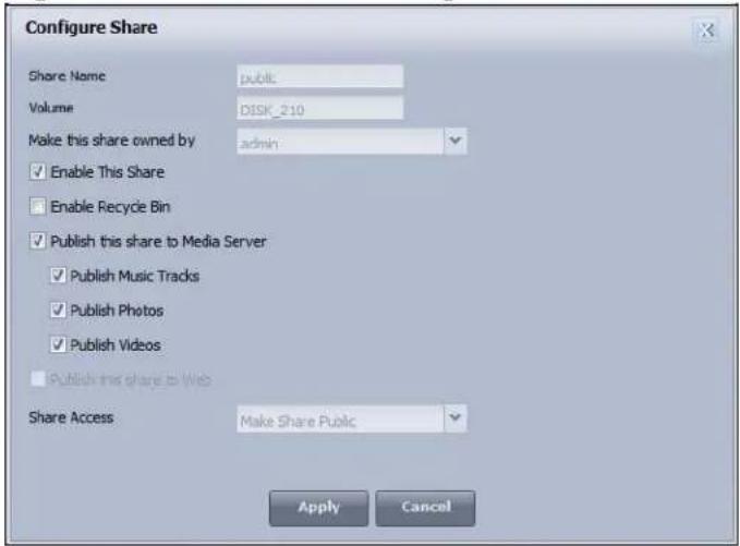 Configure Share Share Name public Volume DISK_210 Make this share owned by admin Enable This Share Enable Recycle Bin Publish this share to Media Server Publish Music Tracks Publish Photos Publish Videos Publish this share to Web Share Access Make Share Public Apply Cancel