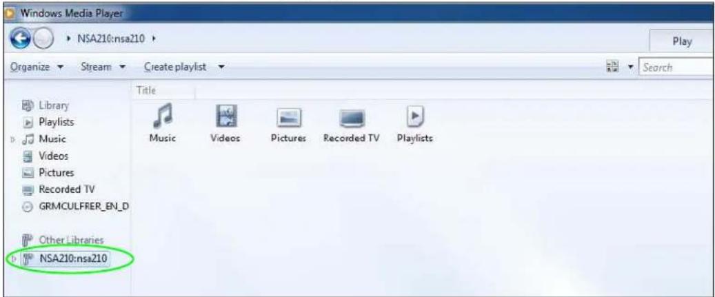 Windows Media Player NSA210:nsa210 Organize Stream Create playlist Search Library Playlists Music Videos Pictures Recorded TV GRMCULFRER_EN_D Other Libraries NSA210:nsa210