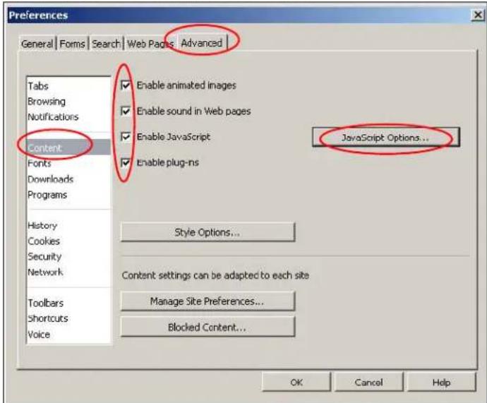 Preferences General | Forms | Search | Web Pages | Advanced | Tabs Browsing Notifications Content Fonts Downloads Programs History Cookies Security Network Toolbars Shortcuts Voice Enable animated images Enable sound in Web pages Enable JavaScript Enable plug-ins JavaScript Options... Style Options... Content settings can be adapted to each site Manage Site Preferences... Blocked Content... OK Cancel Help