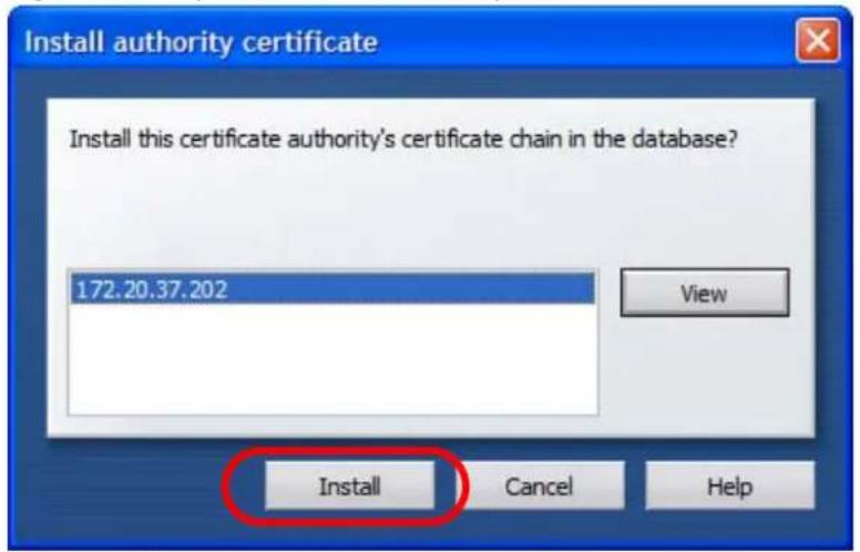 Install authority certificate Install this certificate authority's certificate chain in the database? 172.20.37.202 View Install Cancel Help