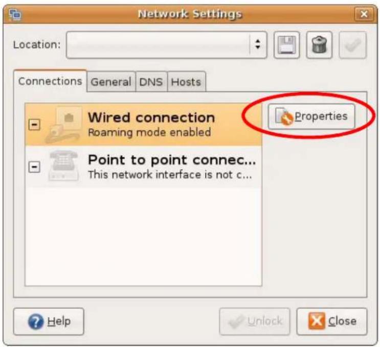 Network Settings Location: Connections General DNS Hosts Wired connection Roaming mode enabled Properties Point to point connec... This network interface is not c... Help Unlock Close