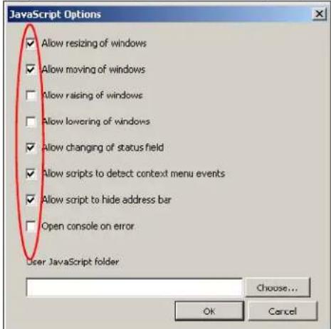 JavaScript Options ✓ Allow resizing of windows ✓ Allow moving of windows ✓ Allow raising of windows ✓ Allow lowering of windows ✓ Allow changing of status field ✓ Allow scripts to detect context menu events ✓ Allow script to hide address bar ✓ Open console on error User JavaScript folder Choose... Ok Cancel