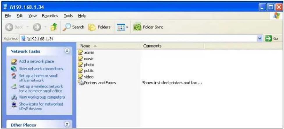 \192.168.1.34 File Edit View Favorites Tools Help Back Search Folders Folder Sync Address \192.168.1.34 Network Tasks Add a network place View network connections Set up a home or small office network. Set up a wireless network for a home or small office View workgroup computers Show icons for networked UPnP devices Other Places Name Comments admin music photo public video Printers and Faxes Shows installed printers and fax ...
