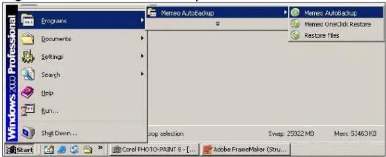 Windows 200 Professional Programs Documents Settings Search Help Run... Shift Down... Memeo AutoBackup Memec AutoBackup Memec OneClick Restore Restore Files crop selection Swap: 25322 MB Mem: 53463 KB Start Corel PHOTO-PAINT 8 - [...] Adobe FrameMaker (Stru...)