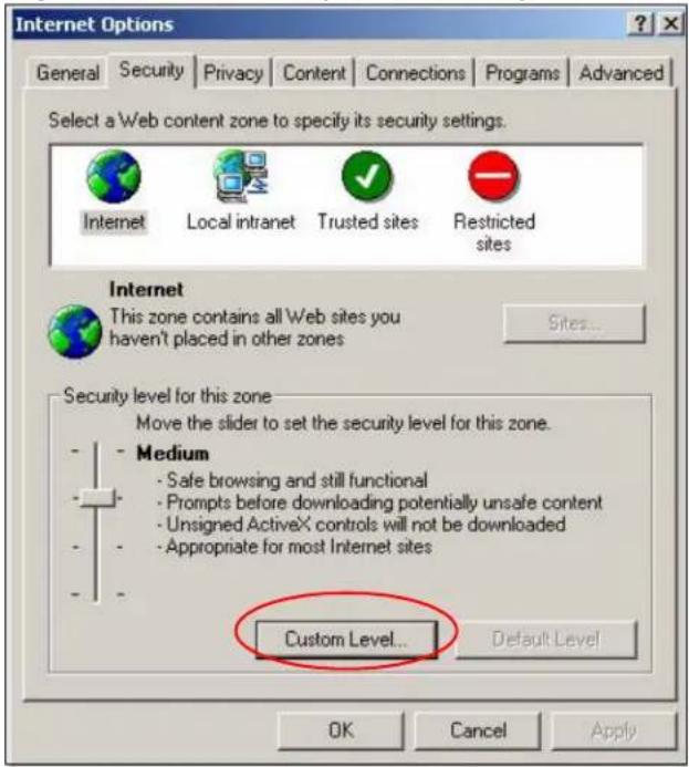 Internet Options General Security Privacy Content Connections Programs Advanced Select a Web content zone to specify its security settings. Internet Local intranet Trusted sites Restricted sites Internet This zone contains all Web sites you haven't placed in other zones Sites... Security level for this zone Move the slider to set the security level for this zone. Medium - Safe browsing and still functional - Prompts before downloading potentially unsafe content - Unsigned ActiveX controls will not be downloaded - Appropriate for most Internet sites Custom Level... Default Level OK Cancel Apply