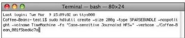 Terminal — bash — 80x24 Last login: Tue Mar 9 15:09:02 on ttys000 Coffee-Bean:-test1$ sudo hdiutil create -size 200g -type SPARSEBUNDLE -nospotlight -volname TimeMachine -fs "Case-sensitive Journaled HFS+" -verbose ./Coffee-Bean_001f5bed6c7a||
