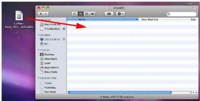 share01 Coffee- Bean_001...sebundle Name Date Modified Size Macintosh HD TimeMachine SHARED 172.23.26.51 All... PLACES Desktop Downloads Zyxel Applications Documents SEARCH FOR Today Yesterday Past Week 0 items, 456.77 GB available
