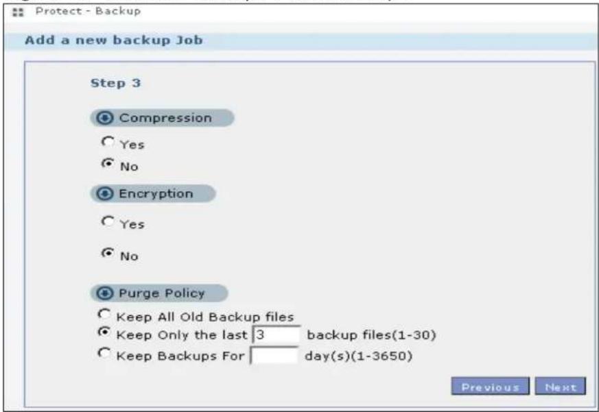 Protect - Backup Add a new backup Job Step 3 Compression Yes No Encryption Yes No Purge Policy Keep All Old Backup files Keep Only the last 3 backup files(1-30) Keep Backups For day(s)(1-3650) Previous Next