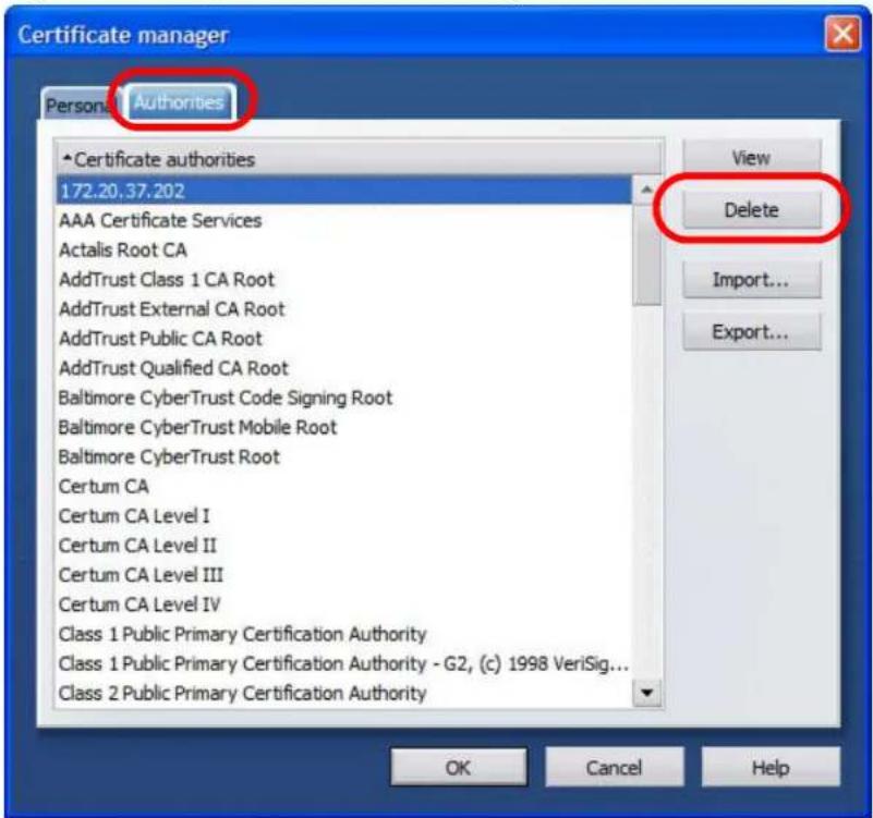 Certificate manager Personal Authorities •Certificate authorities 172.20.37.202 AAA Certificate Services Actalis Root CA AddTrust Class 1 CA Root AddTrust External CA Root AddTrust Public CA Root AddTrust Qualified CA Root Baltimore CyberTrust Code Signing Root Baltimore CyberTrust Mobile Root Baltimore CyberTrust Root Certum CA Certum CA Level I Certum CA Level II Certum CA Level III Certum CA Level IV Class 1 Public Primary Certification Authority Class 1 Public Primary Certification Authority - G2, (c) 1998 VeriSig... Class 2 Public Primary Certification Authority View Delete Import... Export... OK Cancel Help