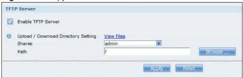 TFTP Server Enable TFTP Server Upload / Download Directory Setting View Files Shares admin Path / Browse... Apply Reset