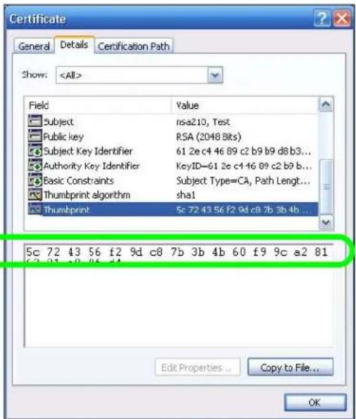 Certificate General Details Certification Path Show: Field Value Subject nsa210, Test Public key RSA (2048 Bits) Subject Key Identifier 61 2e c4 46 89 c2 b9 b9 d8 b3... Authority Key Identifier(KeyID=61 2e c4 46 89 c2 b9 b... Basic Constraints Subject Type=CA, Path Lengt... Thumbprint algorithm sha1 Thumbprint 5c 72 43 56 f2 9d c8 7b 3b 4b ... 5c 72 43 56 f2 9d c8 7b 3b 4b 60 f9 9c a2 81 Edit Properties... Copy to File... OK