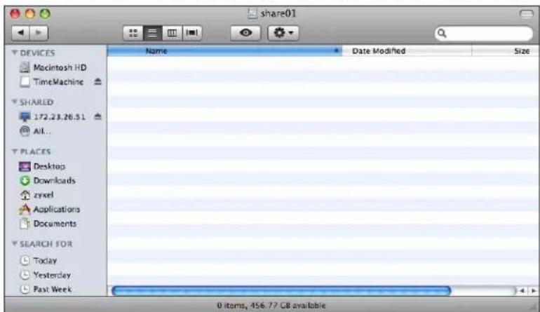 share01 Name Date Modified Size Mocintosh HD TimeMachine SHARED 172.23.26.51 All... PLACES Desktop Downloads zyxel Applications Documents SEARCH FOR Today Yesterday Past Week 0 items, 456.77 GB available