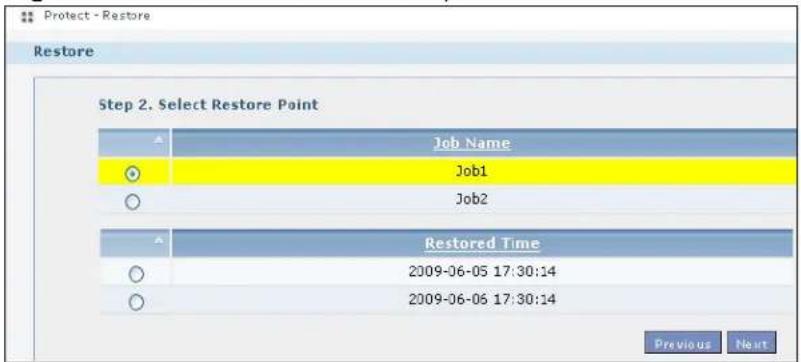 Protect - Restore Restore Step 2. Select Restore Point Job Name Job1 Job2 Restored Time 2009-06-05 17:30:14 2009-06-05 17:30:14 Previous Next