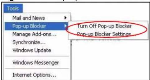 Tools Mail and News Pop-up Blocker Manage Add-ons... Synchronize... Windows Update Windows Messenger Internet Options... Turn Off Pop-up Blocker Pop-up Blocker Settings...