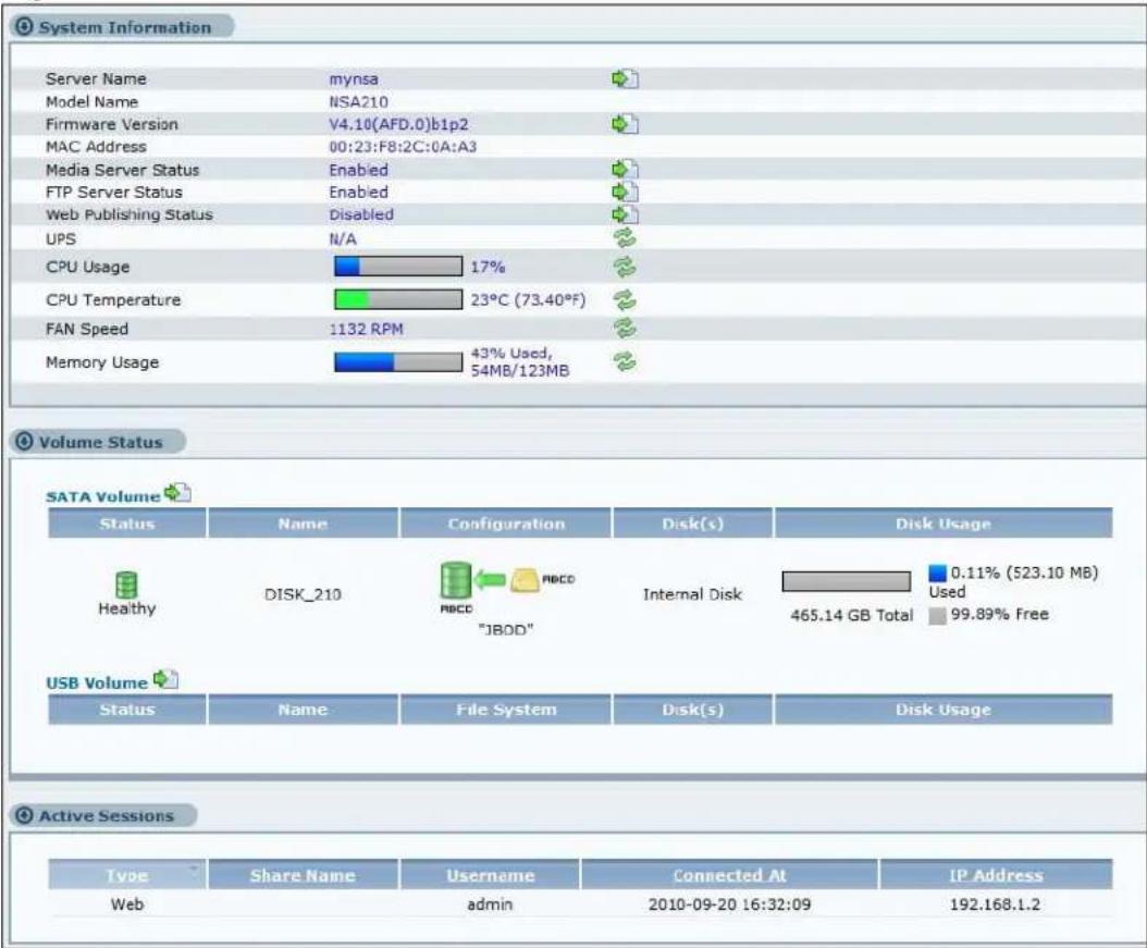 ZYXEL NSA210-1T - The Status Screen - 1