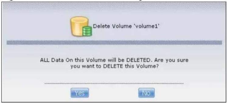 Delete Volume 'volume1' ALL Data On this Volume will be DELETED. Are you sure you want to DELETE this Volume? Yes No