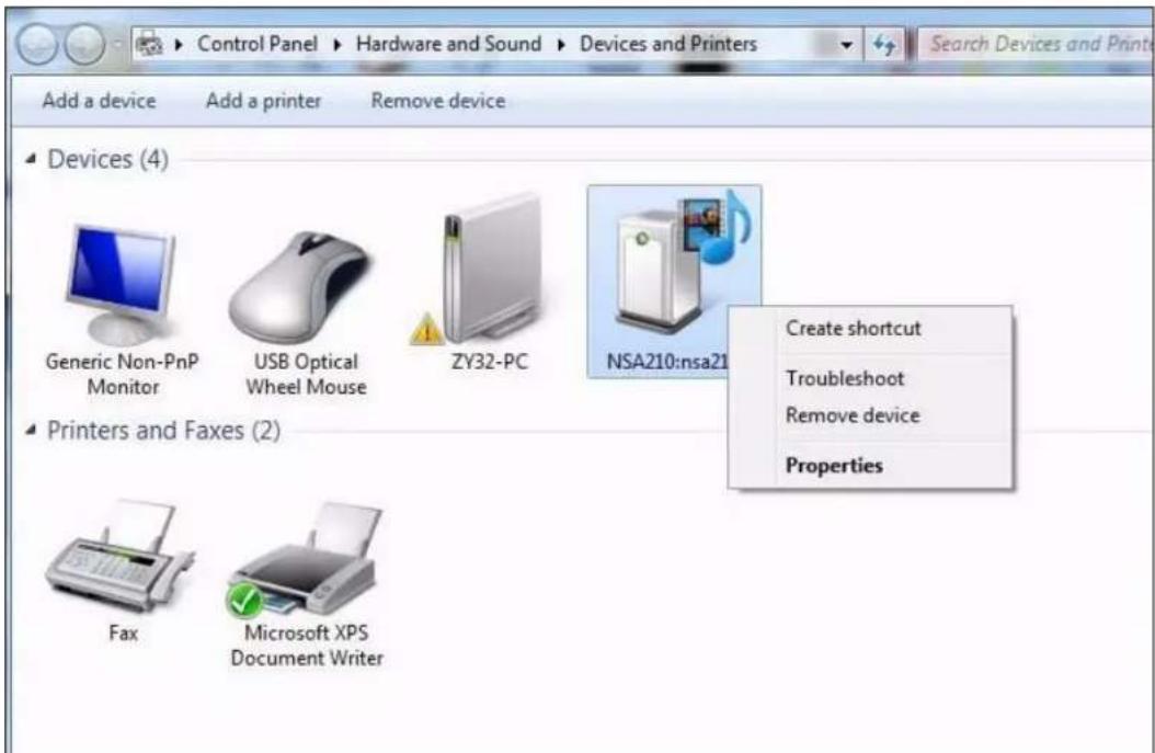 Control Panel > Hardware and Sound > Devices and Printers Add a device Add a printer Remove device Devices (4) Generic Non-PnP Monitor USB Optical Wheel Mouse ZY32-PC NSA210:nsa21 Printers and Faxes (2) Create shortcut Troubleshoot Remove device Properties Fax Microsoft XPS Document Writer