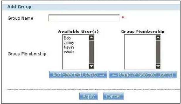 Add Group Group Name Available User(s) Bob Jimmy Kevin admin Group Membership Add Selected User(s) → ← Remove Selected User(s) Apply Cancel