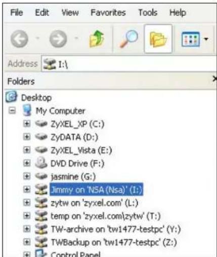 File Edit View Favorites Tools Help Address I:\ Folders Desktop My Computer ZyXEL_XP (C:) ZyDATA (D:) ZyXEL_Vista (E:) DVD Drive (F:) jasmine (G:) Dimmy on 'NSA (Nsa)' (I:) zytw on 'zyxel.com' (L:) temp on 'zyxel.com\zytw' (T:) TW-archive on 'tw1477-testpc' (Y:) TWBackup on 'tw1477-testpc' (Z:) Control Panel