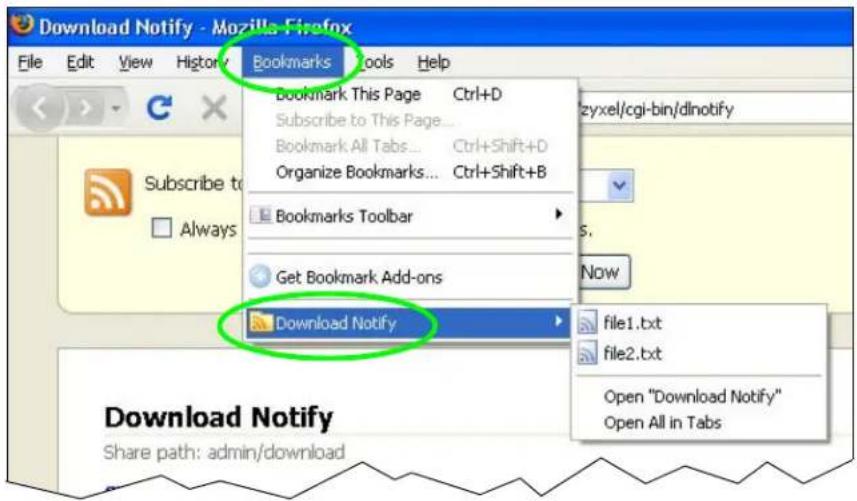 Download Notify - Mozilla Firefox File Edit View History Bookmarks Tools Help Bookmark This Page Ctrl+D Subscribe to This Page... Bookmark All Tabs... Ctrl+Shift+D Organize Bookmarks... Ctrl+Shift+B Bookmarks Toolbar Get Bookmark Add-ons Download Notify file1.txt file2.txt Open "Download Notify" Open All in Tabs Download Notify Share path: admin/download