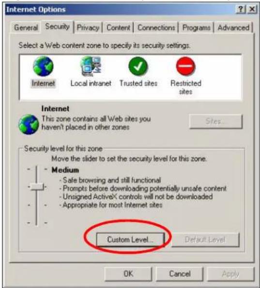 Internet Options General Security Privacy Content Connections Programs Advanced Select a Web content zone to specify its security settings. Internet Local intranet Trusted sites Restricted sites Internet This zone contains all Web sites you haven't placed in other zones Sites... Security level for this zone Move the slider to set the security level for this zone. Medium - Safe browsing and still functional - Prompts before downloading potentially unsafe content - Unsigned ActiveX controls will not be downloaded - Appropriate for most Internet sites Custom Level... Default Level OK Cancel Apply