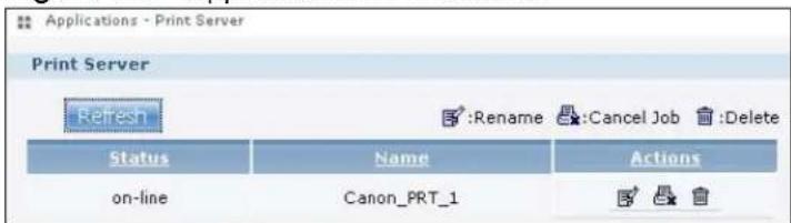 Applications - Print Server Print Server Refresh :Rename :Cancel Job :Delete Status Name Actions on-line Canon_PRT_1