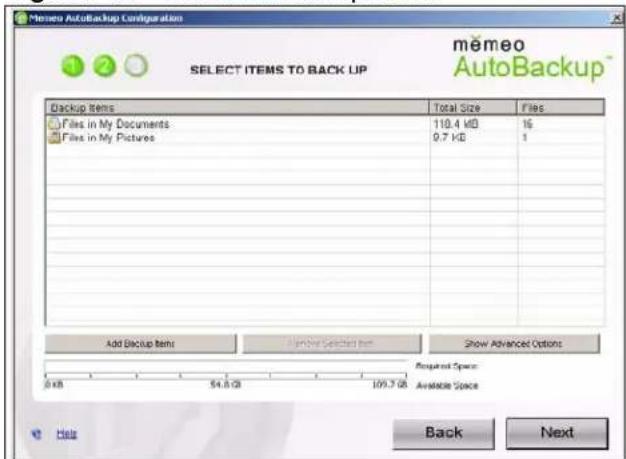 Memero AutoBackup Configuration SELECT ITEMS TO BACK UP memeo AutoBackup™ Backup Items Files in My Documents Files in My Pictures Total Size 110.4 KB 9.7 KB Files 16 1 Add Backup Items Remove Space Item Show Advanced Options Required Space: Available Space Help Back Next