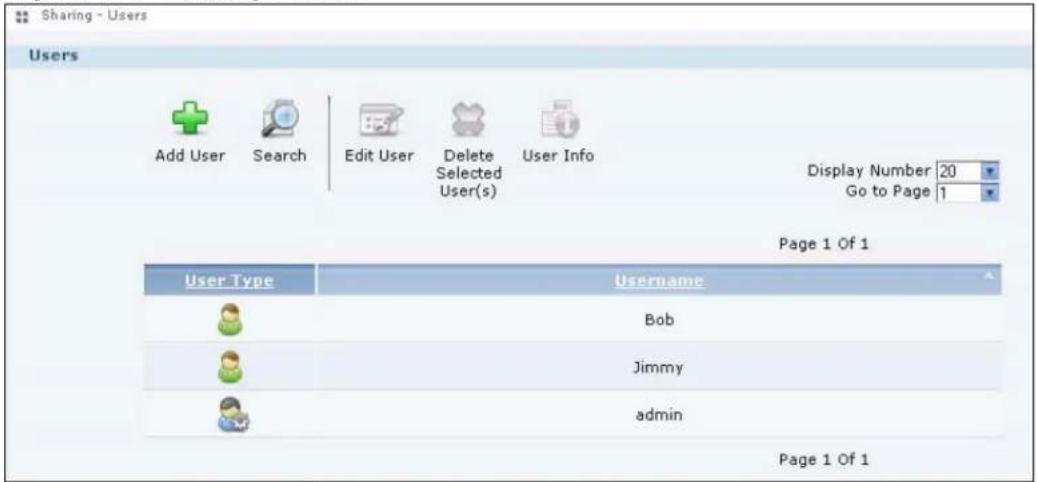 Sharing - Users Users Add User Search Edit User Delete User Info Edit User Delete Selected User(s) User Info Display Number 20 Go to Page 1 Page 1 Of 1 User Type Username Bob Jimmy admin Page 1 Of 1