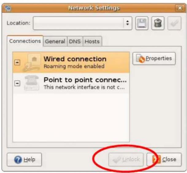 Network Settings Location: Connections General DNS Hosts Wired connection Roaming mode enabled Point to point connec... This network interface is not c... Properties Help Unlock Close