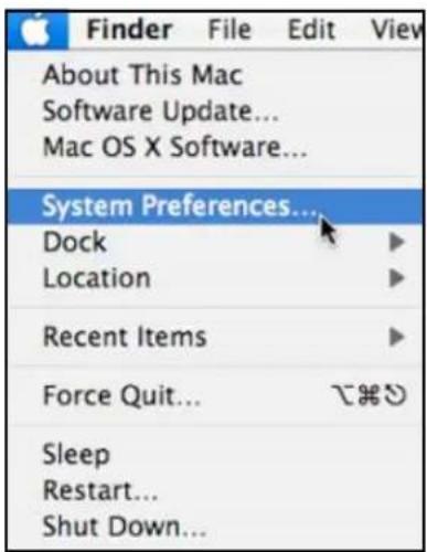 Finder File Edit View About This Mac Software Update... Mac OS X Software... System Preferences... Dock Location Recent Items Force Quit... Sleep Restart... Shut Down...