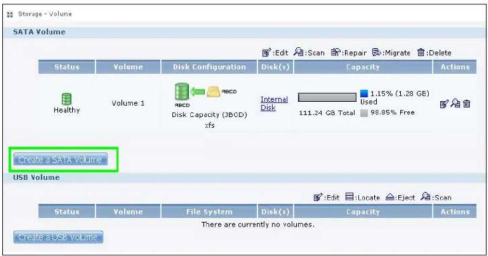 Storage - Volume SATA Volume Status Volume Disk Configuration Disk(s) Capacity Actions Healthy Volume 1 ABCD Internal 1.15% (1.28 GB) Disk Capacity (JBCD) xfs Used 98.85% Free Internal Disk 111.24 GB Total 1.15% (1.28 GB) Used 98.85% Free Create a SATA Volume USB Volume Status Volume File System Disk(s) Capacity Actions There are currently no volumes. Create a USB Volume