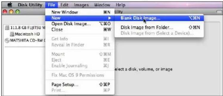 Disk Utility File Edit Images Window Help New Open Disk Image... Close Get Info Reveal in Finder Mount Eject Enable Journaling Fix Mac OS 9 Permissions Page Setup... Print... Blank Disk Image... Disk Image from Folder... Disk Image from (Select a Device)... select a disk, volume, or image