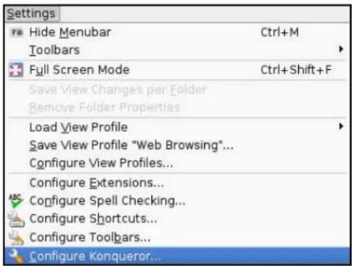 Settings Hide Menubar Ctrl+M Toolbars Full Screen Mode Ctrl+Shift+F Save View Changes per Folder Remove Folder Properties Load View Profile Save View Profile "Web Browsing"... Configure View Profiles... Configure Extensions... Configure Spell Checking... Configure Shortcuts... Configure Toolbars... Configure Konqueror...