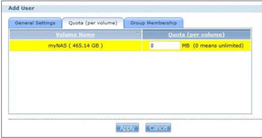 Add User General Settings Quota (per volume) Group Membership Volume Name Quota (per volume) myNAS ( 465.14 GB ) 0 MB (0 means unlimited) Apply Cancel