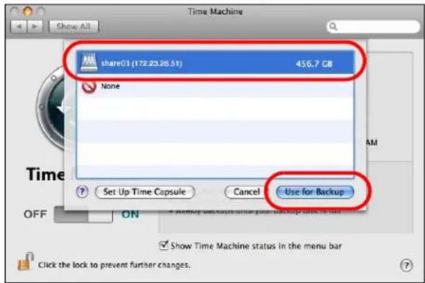 Time Machine Share01 (172.23.28.51) 456.7 GB None Set Up Time Capsule Cancel Use for Backup OFF ON Show Time Machine status in the menu bar Show Time Machine status in the menu bar Click the lock to prevent further changes.