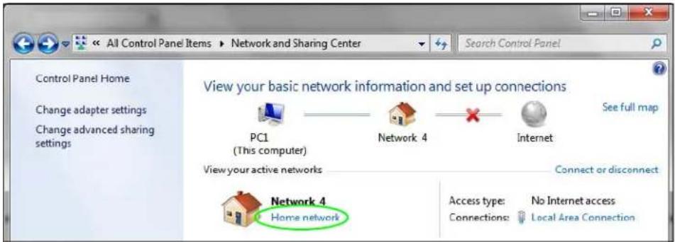 All Control Panel Items ▶ Network and Sharing Center Control Panel Home Change adapter settings Change advanced sharing settings View your basic network information and set up connections PC1 (This computer) Network 4 Internet See full map View your active networks Connect or disconnect Network 4 Home network Access type: No Internet access Connections: Local Area Connection