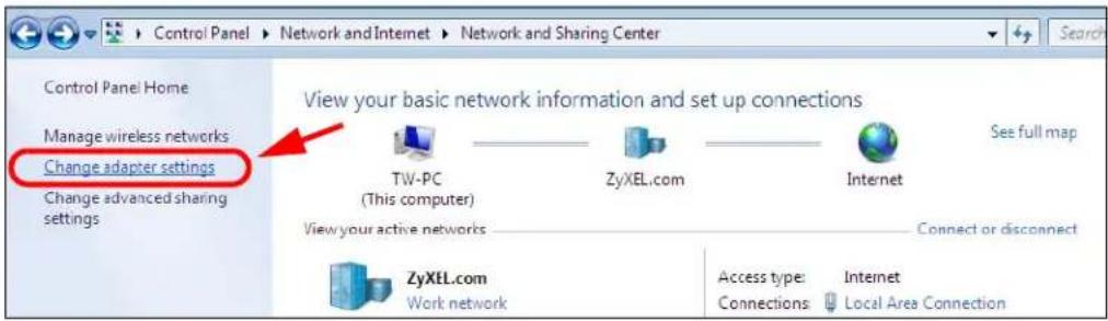 Control Panel > Network and Internet > Network and Sharing Center Control Panel Home Manage wireless networks Change adapter settings Change advanced sharing settings View your basic network information and set up connections TW-PC (This computer) ZyXEL.com Internet See full map View your active networks Connect or disconnect ZyXEL.com Work network Access type: Internet Connections Local Area Connection