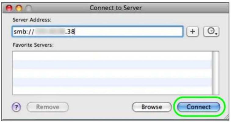 Connect to Server Server Address: smb:// .38 Favorite Servers: ? Remove Browse Connect