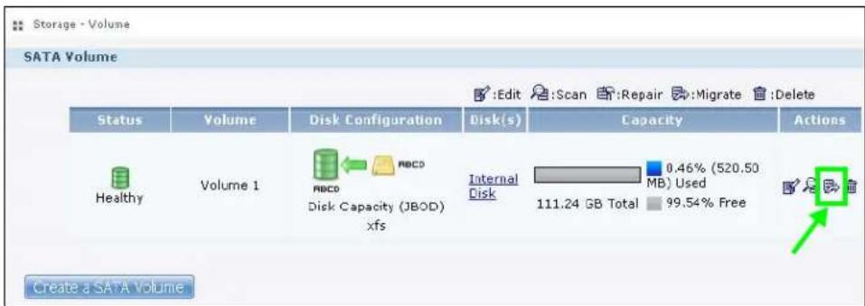 Storage - Volume SATA Volume Status Volume Disk Configuration Disk(s) Capacity Actions Healthy Volume 1 RBCD MBCD Disk Capacity (JBOD) xfs Internal Disk 0.46% (520.50 MB) Used 111.24 GB Total 99.54% Free Create a SATA Volume