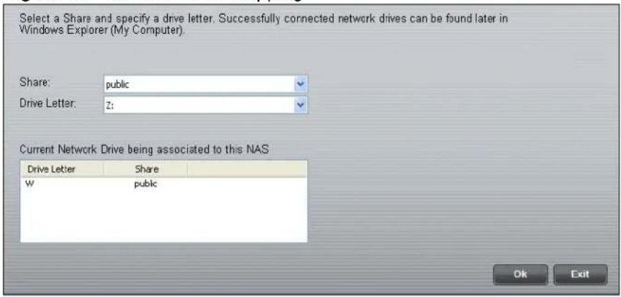 Select a Share and specify a drive letter. Successfully connected network drives can be found later in Windows Explorer (My Computer). Share: public Drive Letter: Z: Current Network Drive being associated to this NAS Drive Letter Share W public Ok Exit