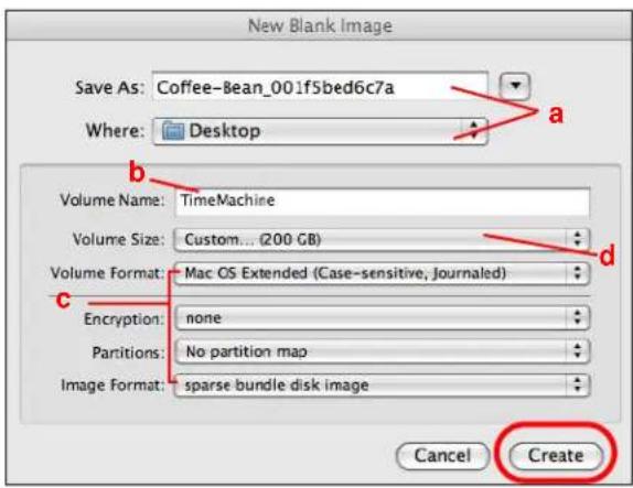 New Blank Image Save As: Coffee-Bean_001f5bed6c7a Where: Desktop Volume Name: TimeMachine Volume Size: Custom... (200 GB) Volume Format: Mac OS Extended (Case-sensitive, Journaled) Encryption: none Partitions: No partition map Image Format: sparse bundle disk image Cancel Create